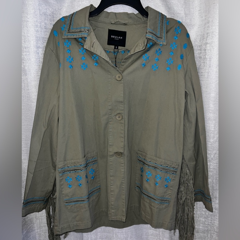 Beulah Women's Utility Jacket - Khaki with Blue Embroidery